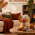 Un salon décoré avec des couleurs chaudes et des accessoires automnaux, créant une ambiance chaleureuse.