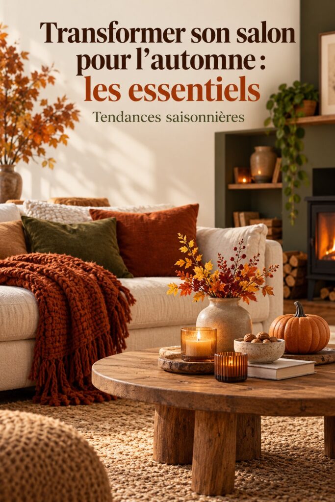 Un salon décoré avec des couleurs chaudes et des accessoires automnaux, créant une ambiance chaleureuse.