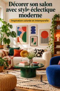 Un salon moderne avec des meubles mid-century et des touches éclectiques.