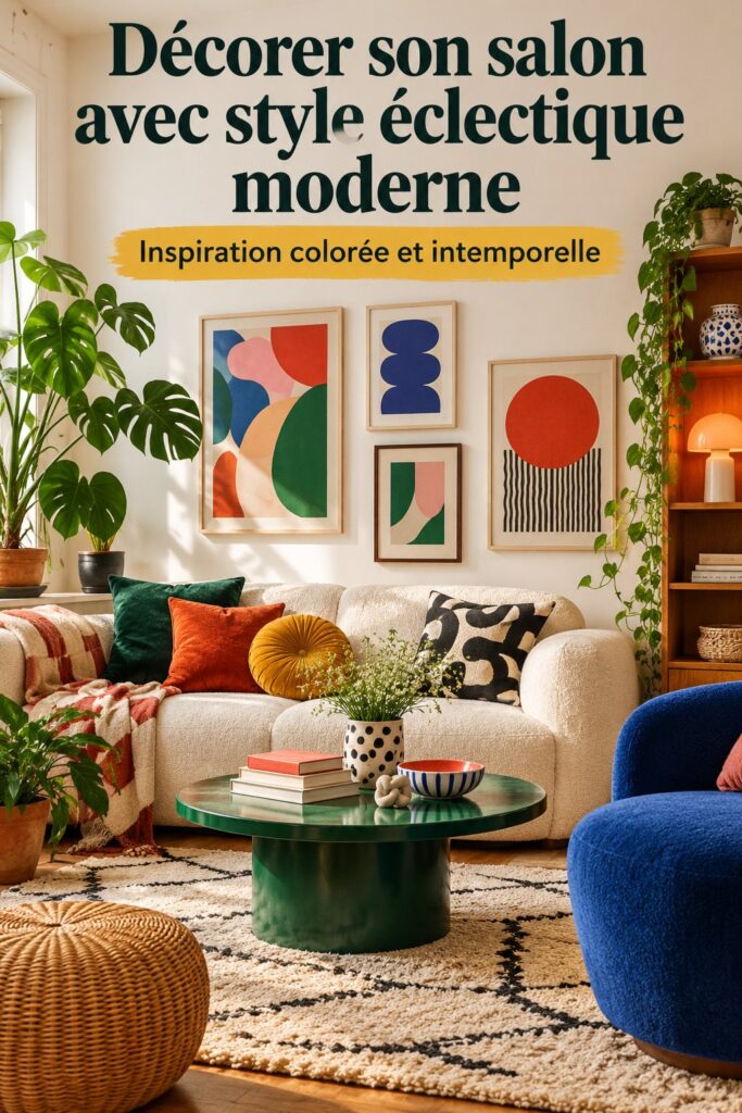 Un salon moderne avec des meubles mid-century et des touches éclectiques.