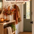 Entrée décorée pour l'automne avec des couleurs chaleureuses et des accessoires de saison dans un petit appartement