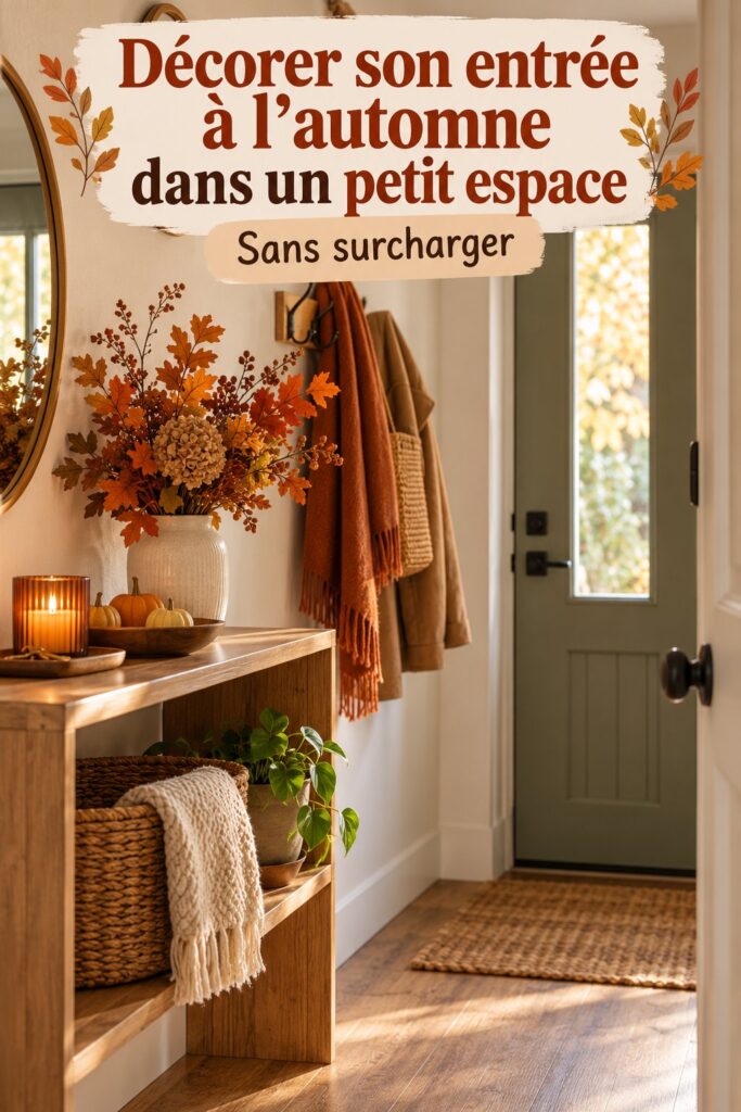 Entrée décorée pour l'automne avec des couleurs chaleureuses et des accessoires de saison dans un petit appartement