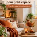 Un salon décoré pour l'automne avec des couleurs chaudes et des accessoires festifs.