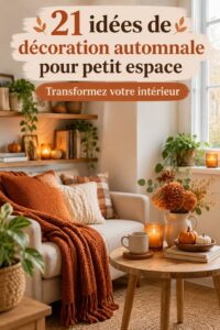 Un salon décoré pour l'automne avec des couleurs chaudes et des accessoires festifs.