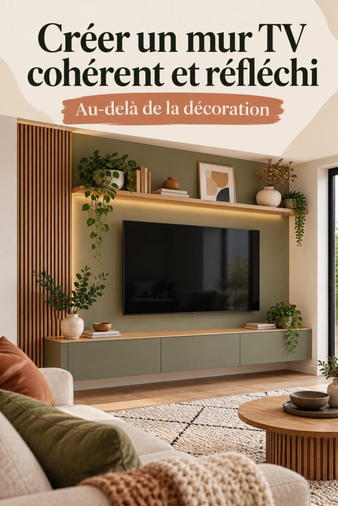 Salon avec un mur TV décoré de manière cohérente et esthétique