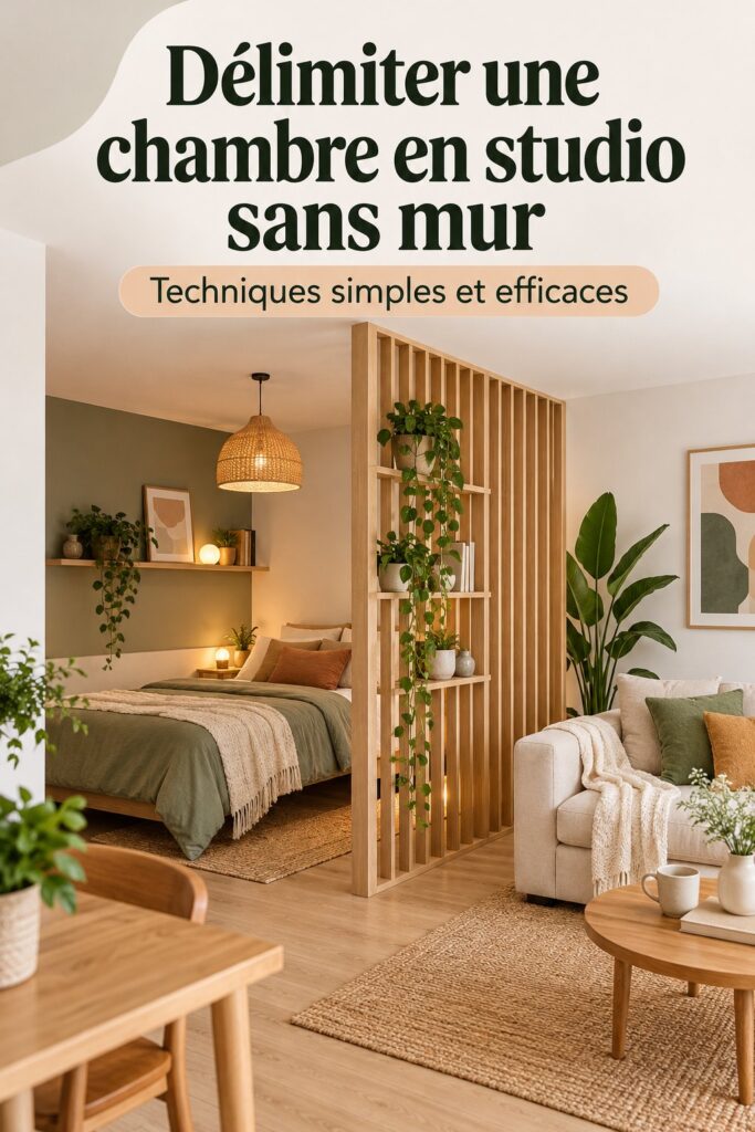Un studio moderne avec un coin nuit délimité par un paravent decoratif.