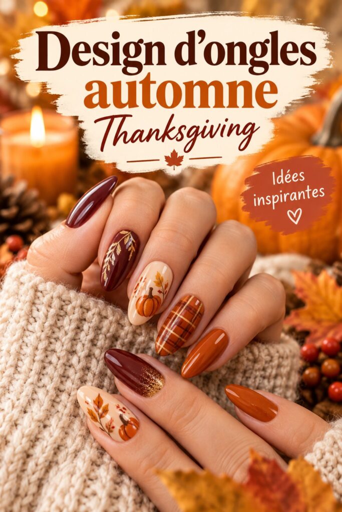 Designs d'ongles automnaux pour Thanksgiving avec des motifs de feuilles et des couleurs chaudes