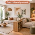 Salon avec un canapé d'angle séparé en deux espaces distincts