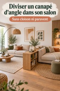 Salon avec un canapé d'angle séparé en deux espaces distincts