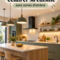 Une cuisine bien éclairée avec un éclairage naturel et des luminaires modernes.
