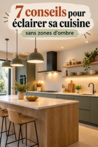 Une cuisine bien éclairée avec un éclairage naturel et des luminaires modernes.