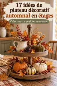 Un plateau décoré de manière empilée avec des éléments d'automne, créant une ambiance chaleureuse.