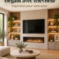 Salon chaleureux avec une télévision intégrée au-dessus d'une cheminée moderne