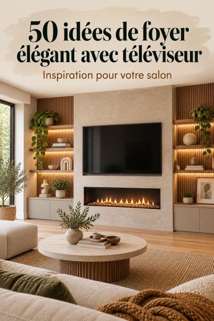 Salon chaleureux avec une télévision intégrée au-dessus d'une cheminée moderne