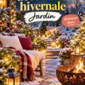 Jardin décoré pour l'hiver avec des lumières festives et des plantes résilientes.