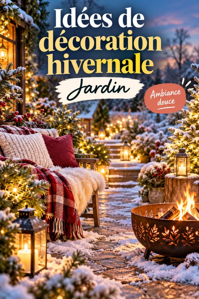 Jardin décoré pour l'hiver avec des lumières festives et des plantes résilientes.