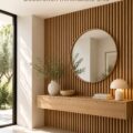 Salon avec des murs en lamelles de bois créant une ambiance chaleureuse et luxueuse
