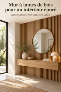 Salon avec des murs en lamelles de bois créant une ambiance chaleureuse et luxueuse