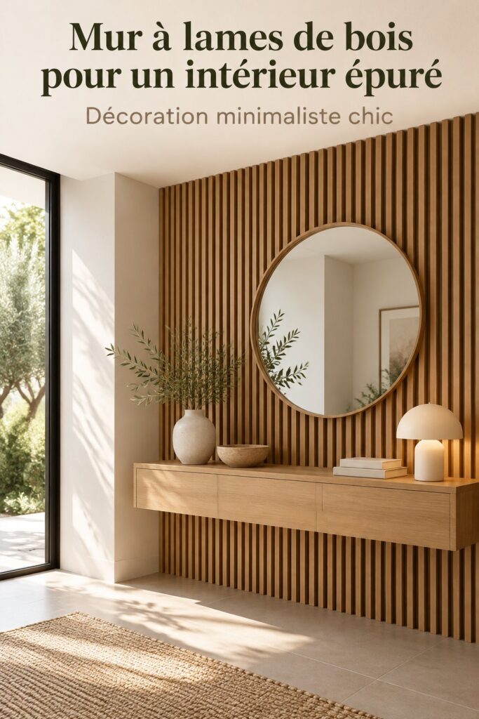 Salon avec des murs en lamelles de bois créant une ambiance chaleureuse et luxueuse
