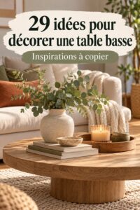 Une table basse joliment décorée avec des objets modernes et chaleureux