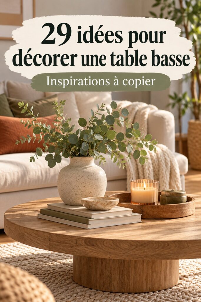 Une table basse joliment décorée avec des objets modernes et chaleureux