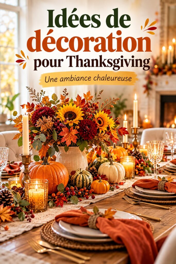 Décoration chaleureuse de Thanksgiving dans un salon accueillant avec des couleurs d'automne.