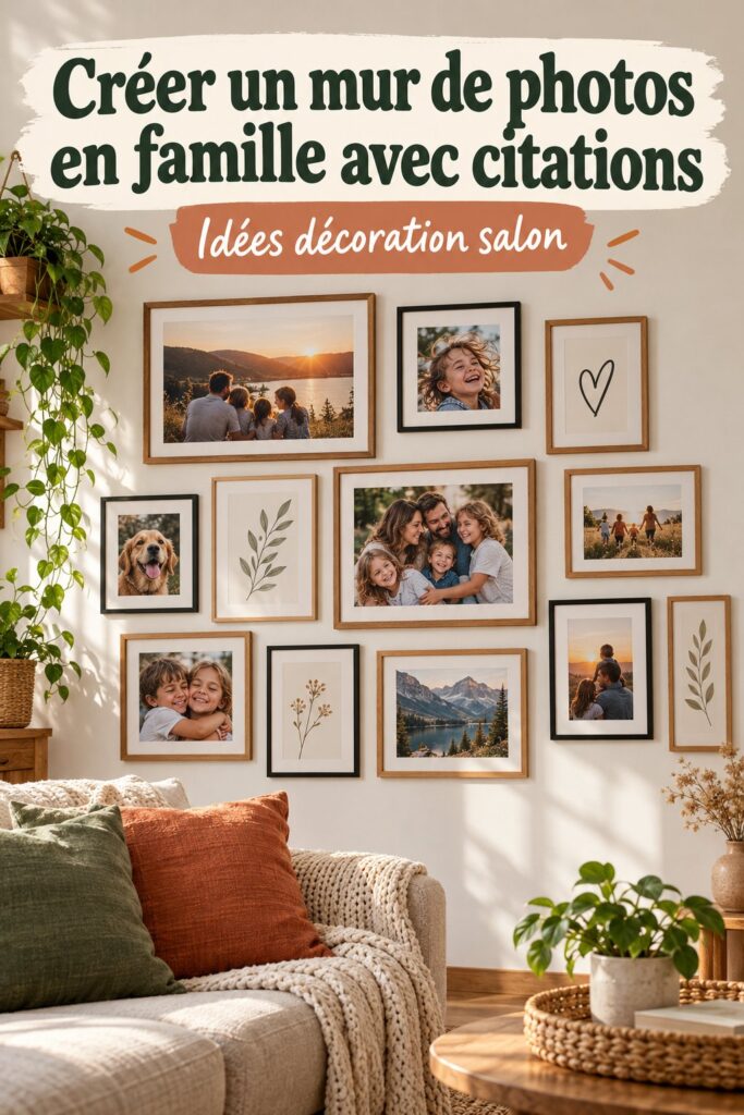 Mur décoratif avec des photos de famille dans un salon élégant