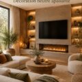 Un salon moderne avec un mur TV chaleureux et une cheminée accueillante.