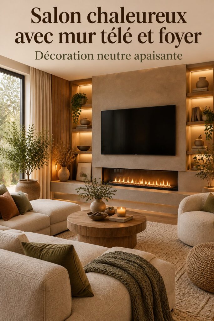 Un salon moderne avec un mur TV chaleureux et une cheminée accueillante.