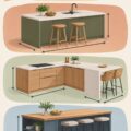 Île de cuisine moderne avec un plan de travail spacieux et des rangements.