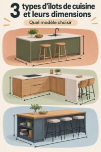 Île de cuisine moderne avec un plan de travail spacieux et des rangements.