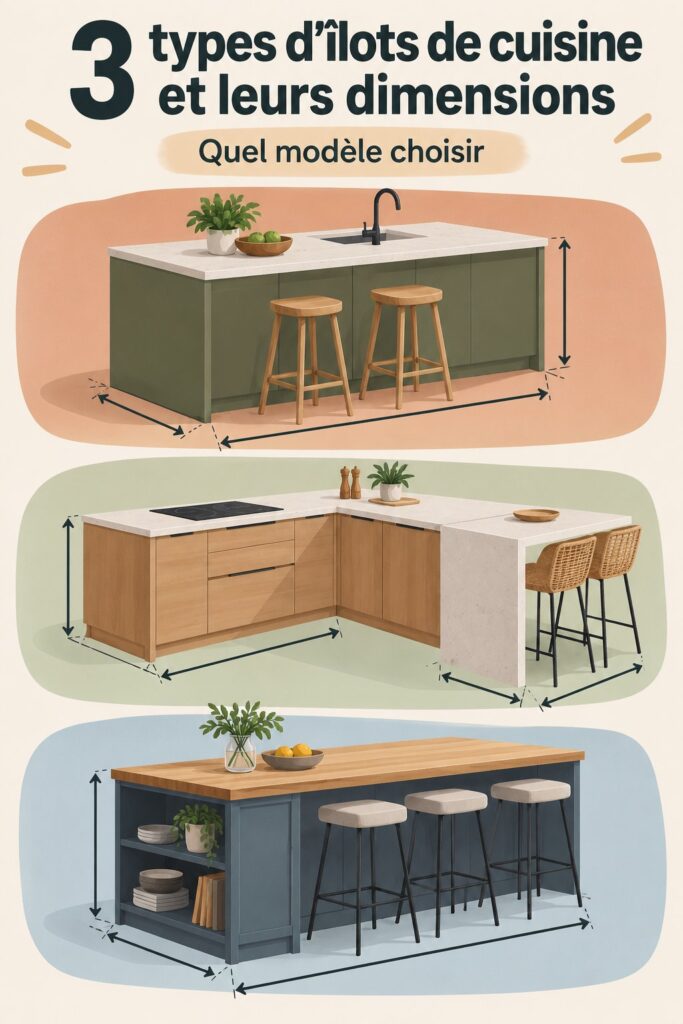 Île de cuisine moderne avec un plan de travail spacieux et des rangements.