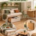 Un salon cosy avec des meubles multifonctionnels, optimisant l'espace.