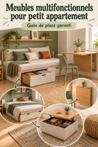 Un salon cosy avec des meubles multifonctionnels, optimisant l'espace.