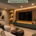 Mur TV bien aménagé dans un sous-sol lumineux
