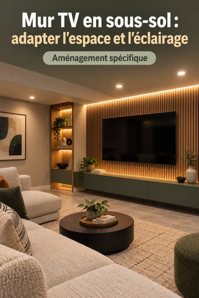 Mur TV bien aménagé dans un sous-sol lumineux