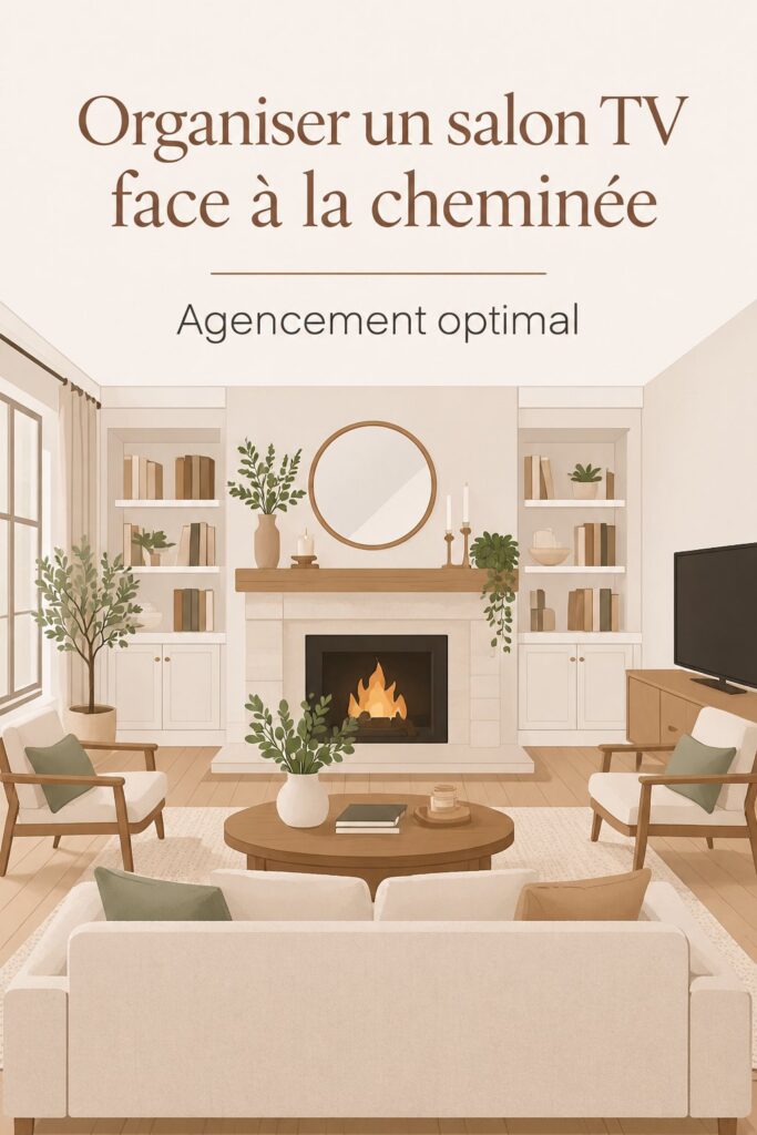 Salon élégant avec télévision face à une cheminée, décoration chaleureuse.