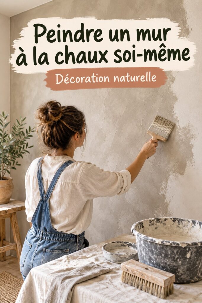 Mur peint en chaux avec une couleur douce et naturelle, créant une ambiance chaleureuse dans le salon.