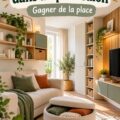 Petit salon décoré avec des meubles multifonctionnels et des rangements pratiques.
