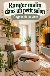 Petit salon décoré avec des meubles multifonctionnels et des rangements pratiques.