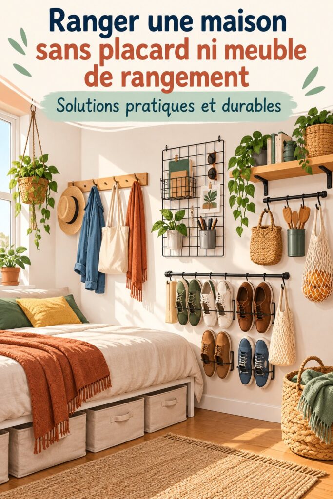 Une maison décorée avec des rangements astucieux sans placard ni meuble traditionnel.