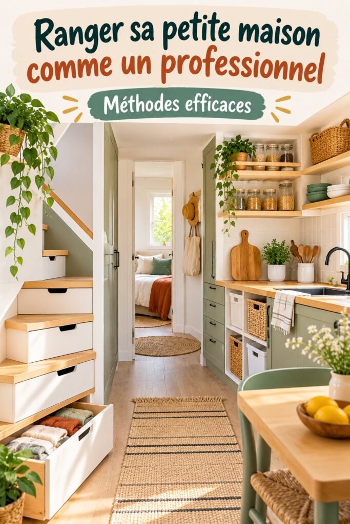 Une petite maison bien rangée avec des astuces de rangement pratiques.