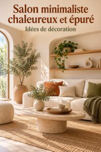 Salon moderne minimaliste avec des couleurs chaudes et un aménagement pratique.