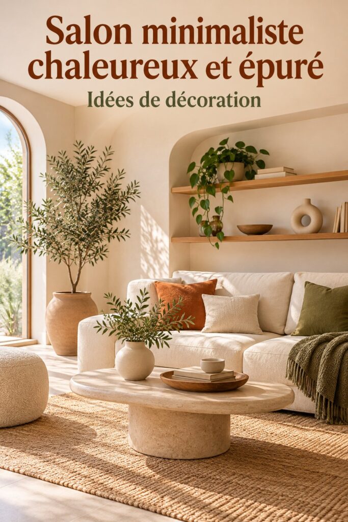 Salon moderne minimaliste avec des couleurs chaudes et un aménagement pratique.
