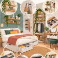 Chambre sans placard avec solutions de rangement créatives et modernes