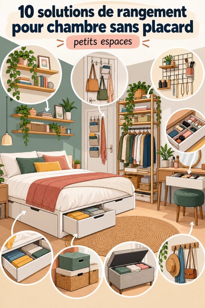 Chambre sans placard avec solutions de rangement créatives et modernes