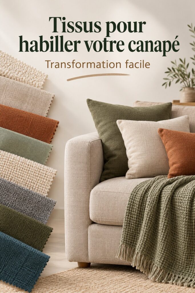 Canapé moderne habillé avec des textiles en velours et en lin dans un salon élégant.